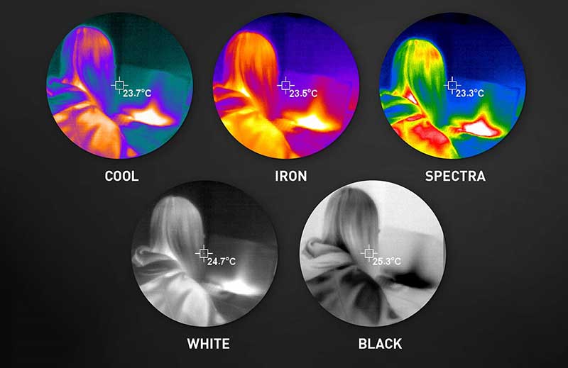 Color palettes options available on a thermal imager, depending on your application